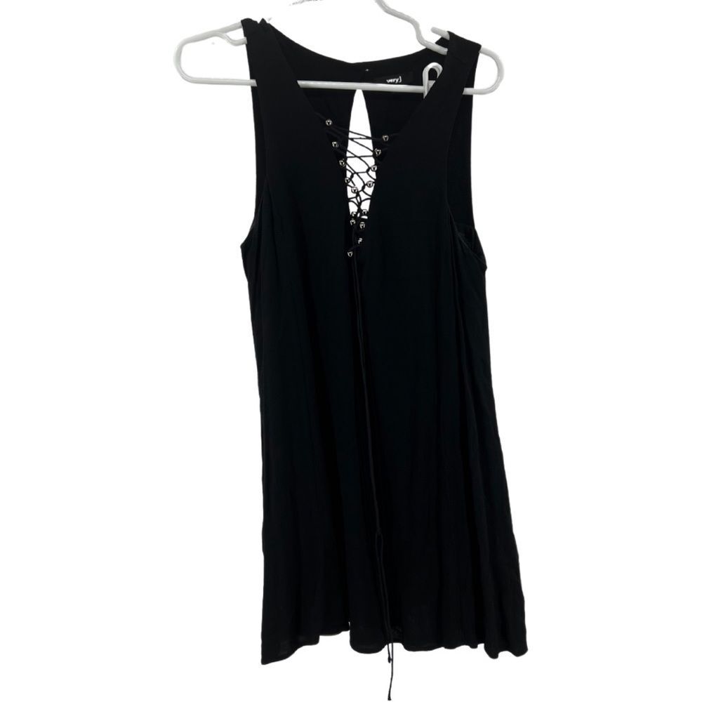 Very J rayon black mini dress sleeveless lace up front keyhole back shift dress